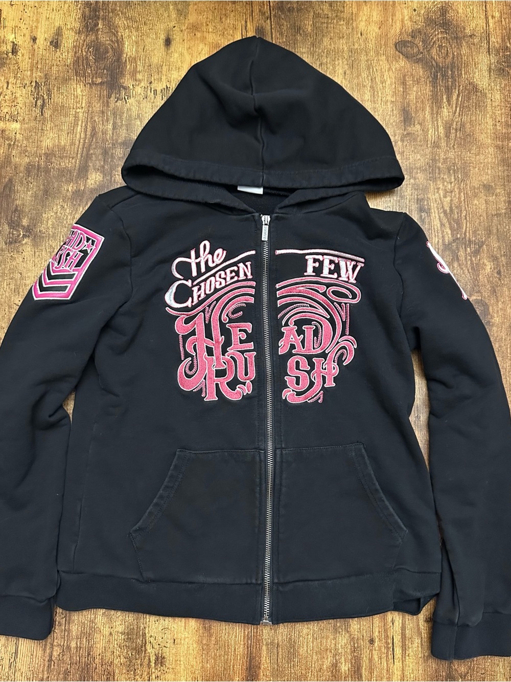 Black Zip-Up Hoodie with Pink Script Graphic